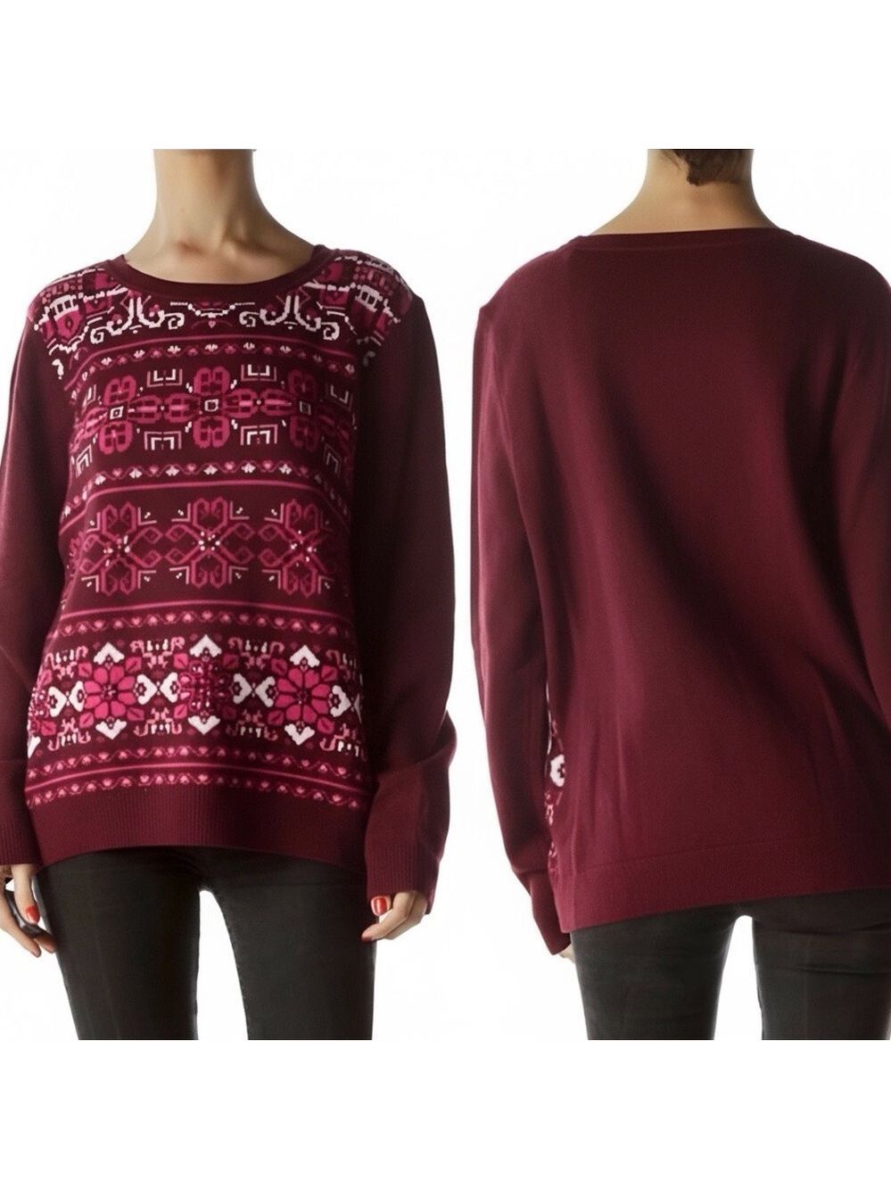 Talbots Fair Isle Burgundy Pink Beaded Knit Pullover Sweater Women’s Size Medium